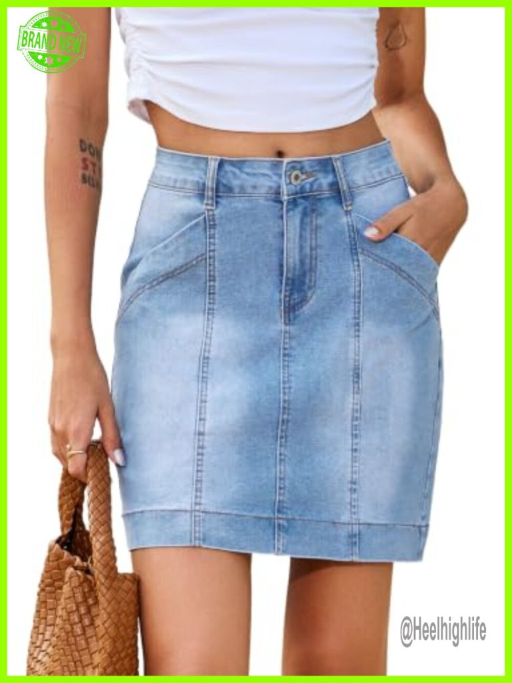 High Waisted Stretch Mini Denim Skirt with Pockets